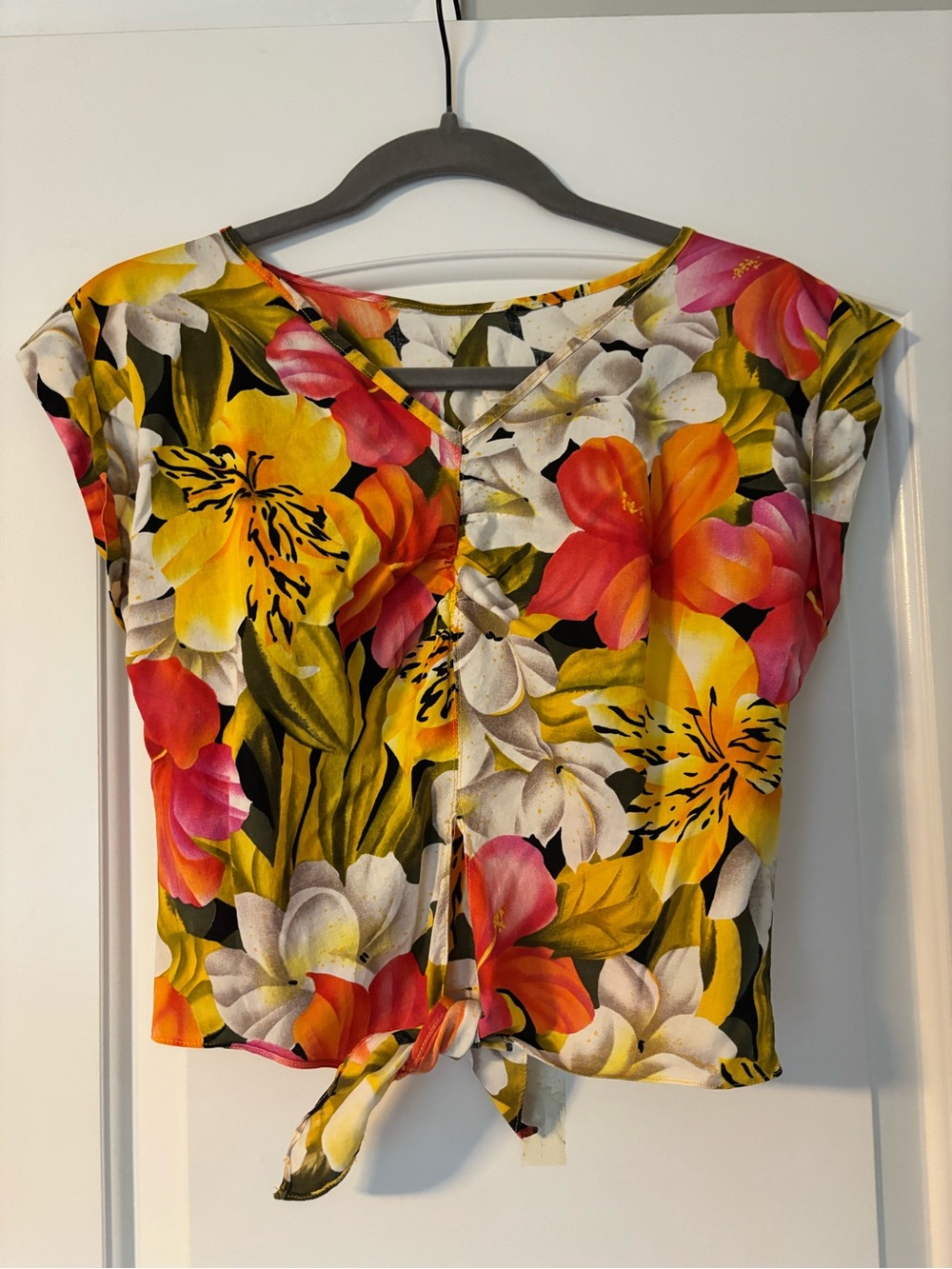 Vintage Yellow Pink Floral Tie-Front Crop Top